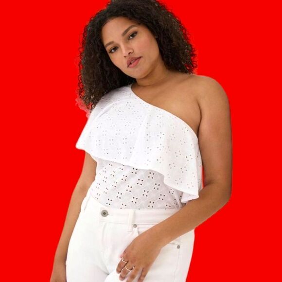 NEW Torrid Plus Size Jersy White One Shoulder Ruffle Eyelet Top. - Picture 1 of 16